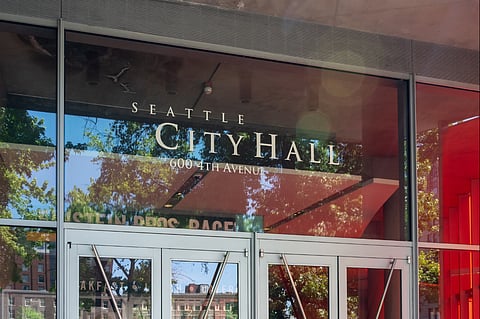 The entrance to Seattle City Hall, Washington, USA - June 15, 2023. Seattle City Hall is the home of the offices of the mayor and city council of Seattle. 