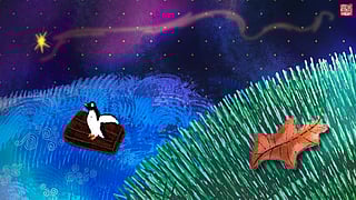 An illustration of a penguin on a raft on the ocean; in the background, a star shoots across the galaxy, and in the foreground, a fallen leaf rests atop grass.