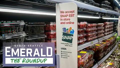 A sign in a store in New York announces that the store accepts SNAP (Supplemental Nutrition Assistance Program) formerly known as EBT.