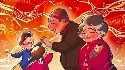 Warm cartoon illustration of grandparents and young children smiling together against a glowing red background, used in Seattle’s bilingual public safety pamphlet “With Love for Our Grandparents & Seniors” for Chinatown-International District elders.