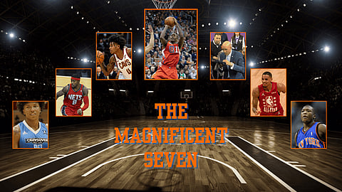 Composite graphic showing seven former Rainier Beach basketball alumni drafted in the NBA first round, each pictured in different pro uniforms around a lit basketball arena, with the title ‘The Magnificent Seven’ centered on the court.
