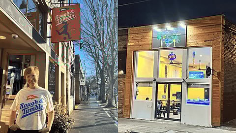 Split image showing a person standing outside Rough & Tumble during the day and the exterior of a neighborhood restaurant at night with lights on and diners inside.