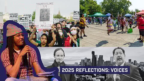 Collage reflecting Voices stories in 2025, featuring ICE protests, festivals, the mayoral race, and text reading “2025 Reflections: Voices.”