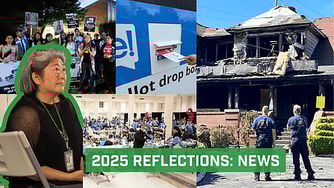 Collage reflecting news in 2025, showing a community protest, a ballot drop box, a large emergency shelter, firefighters outside a burned house, and text reading “2025 Reflections: News.”