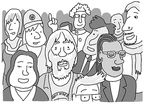 Black-and-white illustrated crowd of diverse people with varied hairstyles, ages, and expressions, drawn in a simple cartoon style.
