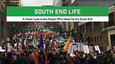 The Seattle/King County Martin Luther King Jr. March on Jan. 20, 2020. People are shown marching and carries signs and banners. Overlaid on the photo is a banner that reads "South End Life: A Closer Look at the People Who Make Up the South End."