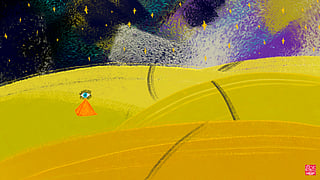 An illustration of a pyramid in a desert with a path moving through it across the mounds of sand; an eye beams from the top of the pyramid, and a dark painterly sky is in the background.