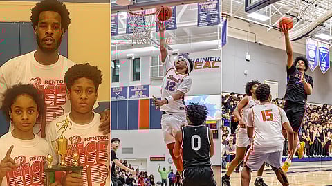 Three-photo collage shows Tremaine Meneese with sons Micah and Marques, and the brothers playing high school basketball.