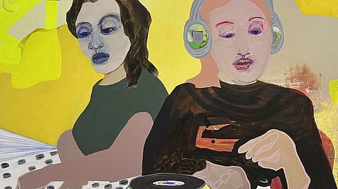 Two DJs mixing music on a DJ controller, one wearing headphones while adjusting a vinyl record and the other operating controls, painted in a colorful abstract style with a bright yellow background.