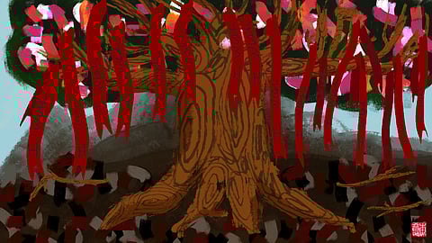 An illustration of a strong tree with red ribbons hanging from it that read "I wish."