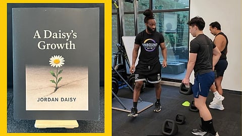 On the left side of the image is a cover of a memoir called "A Daisy's Growth." On the right side is an image of a Black man with dreadlocks teaching two white men in a gym how to use kettlebells.