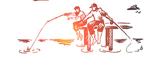 Hand drawn two friends fishing on river bank concept sketch.
