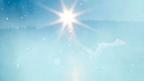 An illustration of a blue winter nature background with sunlight flares over the forest in winter weather.