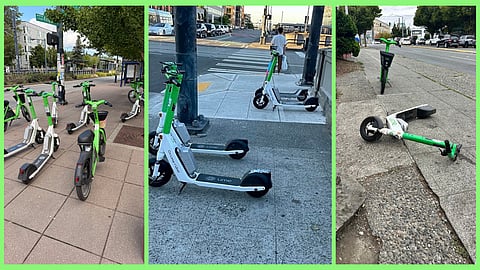 Lime bikes and scooters parked on sidewalks in ways that impede mobility for others.