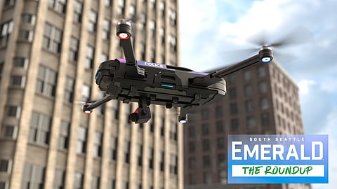 Police drones patrolling urban area, Aerial security surveillance by drone. 3D illustration