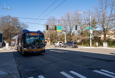 The 7 Line on Rainier Avenue South. It reads "Prentice St" on its front marquee.