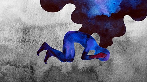 sad sadness emotion feeling overthinking people human watercolor painting design illustration
