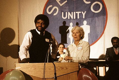 Arther Harvey, SESCO board member, and Donna Ahearn, citizen activist, at 1985 SESCO Convention in Columbia City. Photo: Rainier Valley Historical Society, SESCO Collection