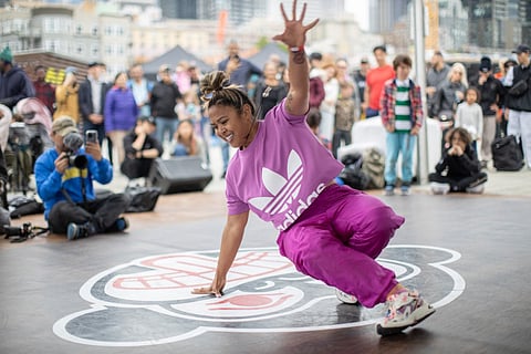 B-girl Mel from San Diego shows off fancy footwork at Massive Monkees Day