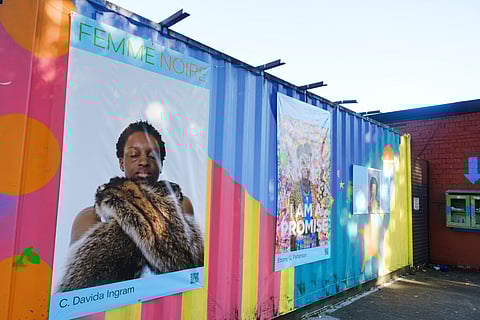 Works by C. Davida Ingram, Ebony G. Patterson, and Bonnie Hopper's pieces outside Coyote
Central on 23rd. (Photo: Alborz Kamalizad)