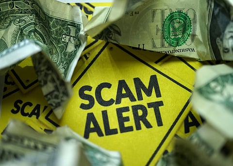 Yellow sign reading "Scam Alert" with dollar bills surrounding it. 