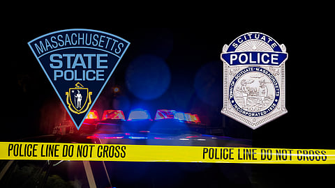 police lights and caution tape in the background with patches from the Massachusetts State Police and Scituate Police over it
