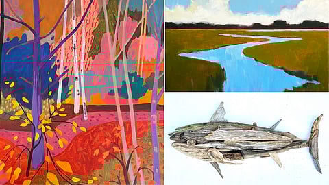 Three pieces of art- a colorful fall wood scene, a marshy river, and a driftwood sculpture of a tuna fish