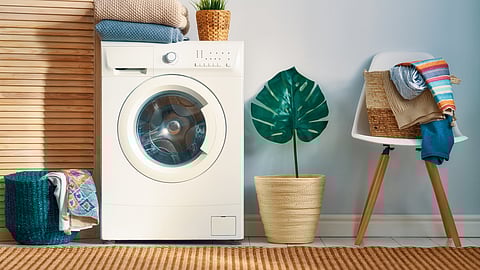 image is of a laundry room with a white washing machine a blue basket for laundry, a monstera plant, and a chair with a basket of laundry on it. 