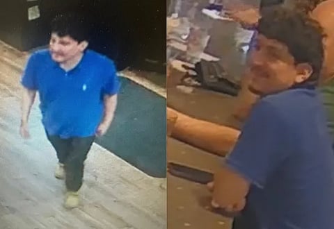 Michael J. Guerrero, seen here in surveillance photos, allegedly kidnapped an elderly woman from the parking lot of the 99 Restaurant in Pembroke.