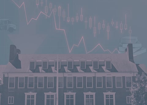 exterior of the norwell school administration building overlaid with budget symbols