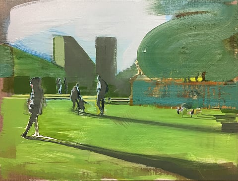 an abstract landscape with people walking in a park