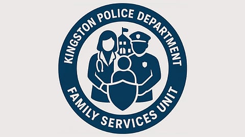 A blue logo with the words "Kingston Police Department Family Services Unit", showing a child, a police officer and a medical worker, on a cream background.