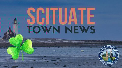 scituate beach and lighthouse with a shamrock on it with the words Scituate Town News
