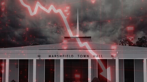A downward arrow superimposed over Marshfield Town Hall
