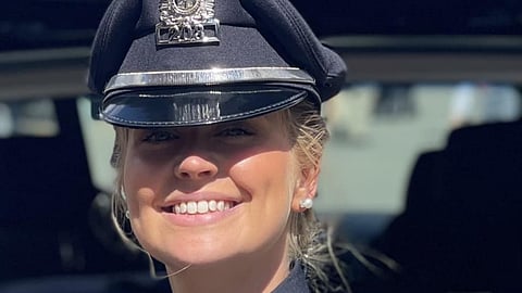 Samantha Pelrine, who was arraigned on four counts of rape Thursday, has worked for the Plymouth police department since April 2022.