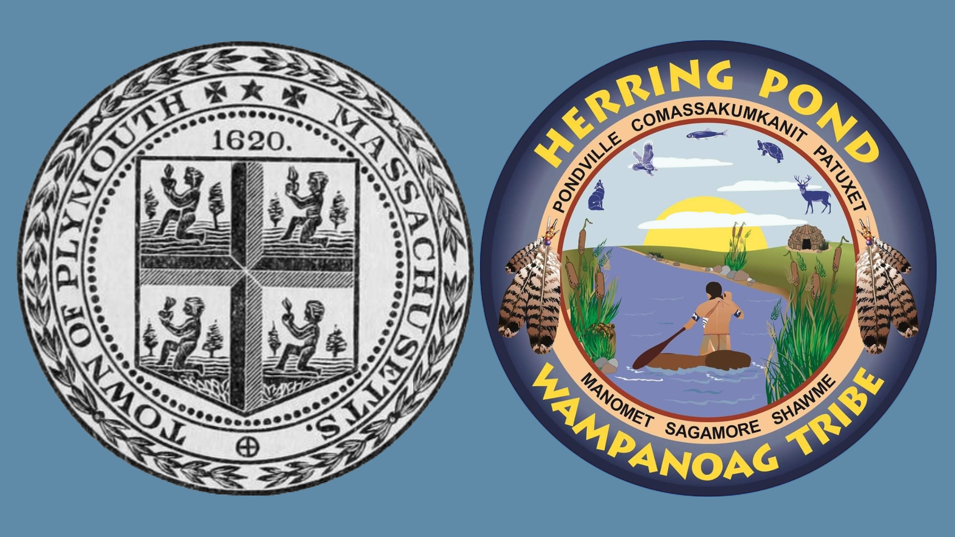 The seals of the town of Plymouth and the Herring Pond Wampanoag. An April 30 ceremony will be the "beginning of a dialogue" between the tribe and the town, Select Board Member Kevin Canty said.