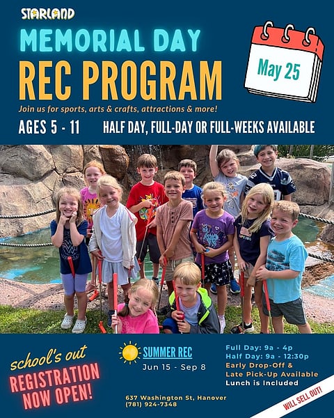 flyer for a Memorial Day rec program with picture of kids at a mini golf course holding putters
