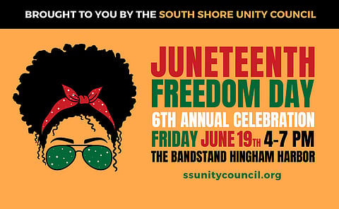 yellow flyer with green and red lettering announcing Juneteenth freedom day celebration in hingham, ma