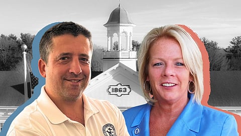 images of Joe colangelo and Rhonda Nyman in front of hanover town Hall