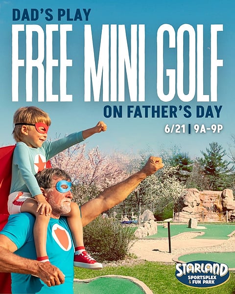 flyer from starland about free mini golf with a child on a dad's shoulders both are wearing superhero costumes on a mini golf course