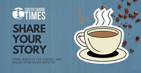 blue flyer with coffee cup graphic and coffee beans