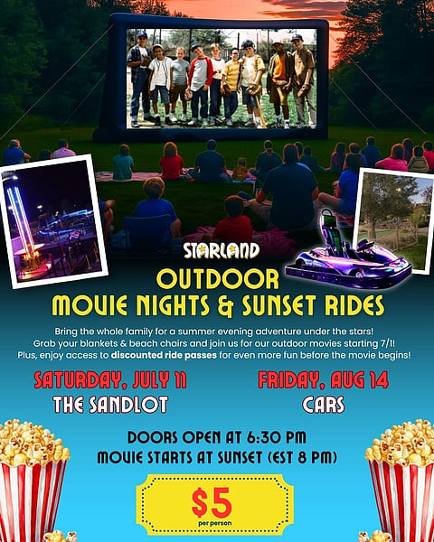 flyer for an outdoor movie at starland with a picture from the movie the sandlot on it