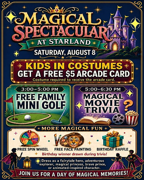 flyer for starland magical spectacular at starland costumes, trivia, mini golf and arcade