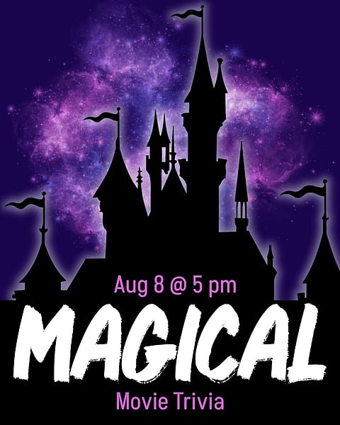 poster with castle silhouette against a purple background for movie trivia 