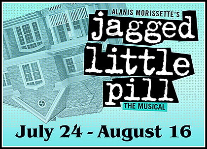 A light blue background with an a house upside down and the words Jagged Little Pull the musical, July 24-august 16 across it