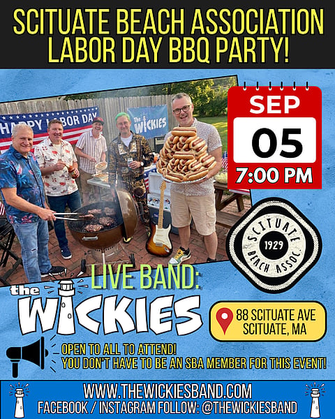 promo poster for Scituate beach association annual Labor Day bbq featuring the music of the wickies 