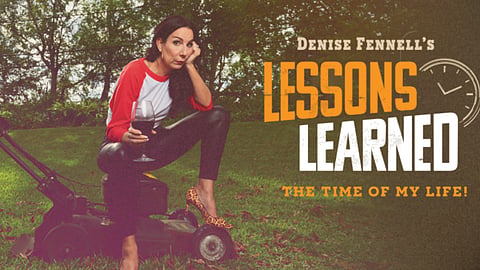 a woman wearing leather pants sits on a lawn mower holding a glass of wine- promo poster for Lessons Learned: The time of my life a show by Denise Fennell