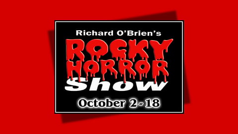 promo poster for rocky horror picture show with red and and white lettering 