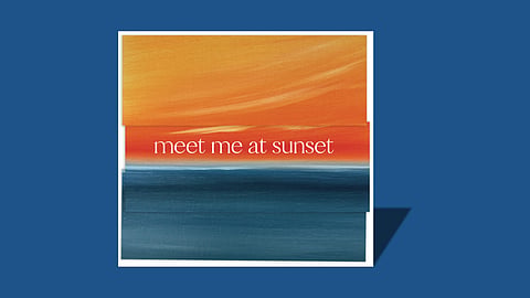 blue background with an image of a painting of a sunset over the water 