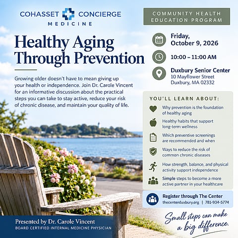 promo poster for healthy aging through prevention, with a seaside image and an Adirondack chair